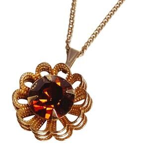 Vintage Sarah Coventry Gold Tone Filigree Amber Glass Pendant Necklace 60s